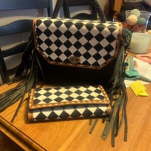 Checkered Fringe Handbag and Wallet Set